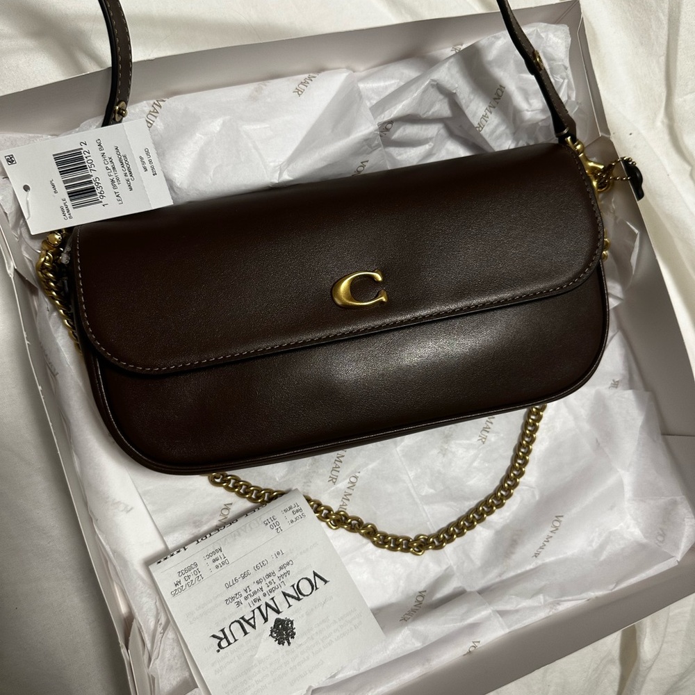 Coach Dark Brown Leather Shoulder Bag with Gold Hardware